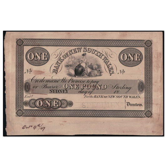 Bank of New South Wales 1847 1 Pound Specimen VF